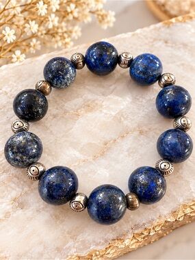 Natural Lapis Lazuli Evil Eye Protection Bracelet Silver Beaded Boho Artisan